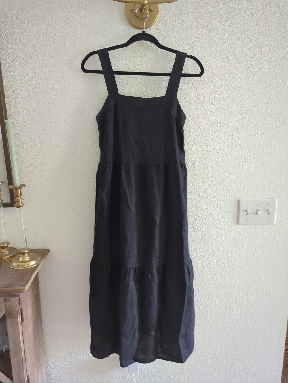 $248 Eileen Fisher Washed Organic Linen Delave Tiered Midi Dress XsTP Blk